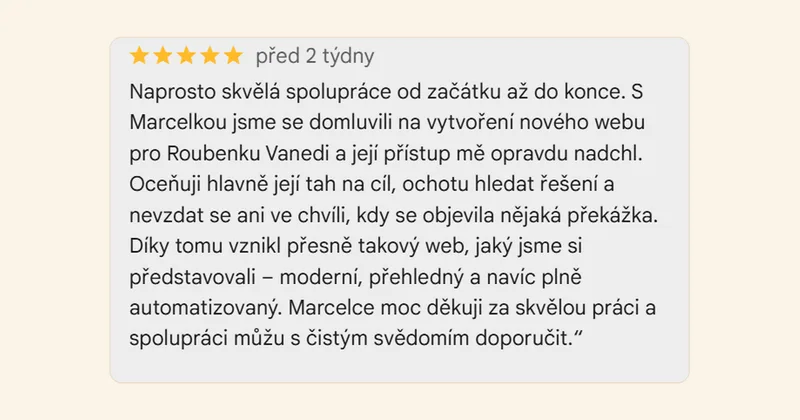 Recenze majitele Roubenky Vanedi na Googlu, pět hvězdiček