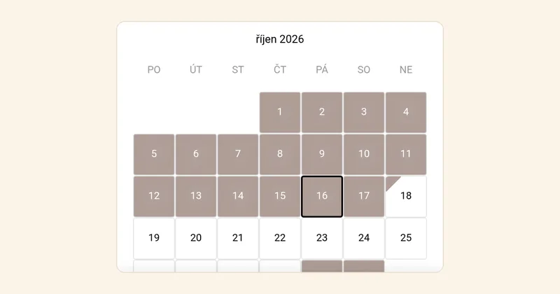 Kalendář rezervací REZEO na webu Roubenky Vanedi v telefonu, snímek z 16. 10. 2026