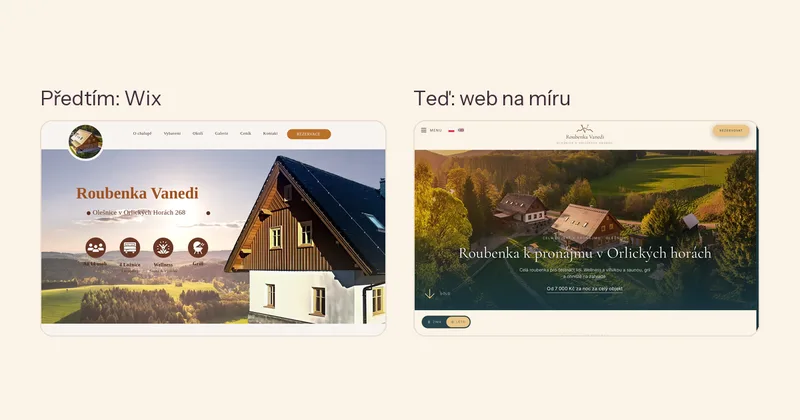 Web Roubenky Vanedi předtím na Wixu a teď na míru, snímky obrazovky