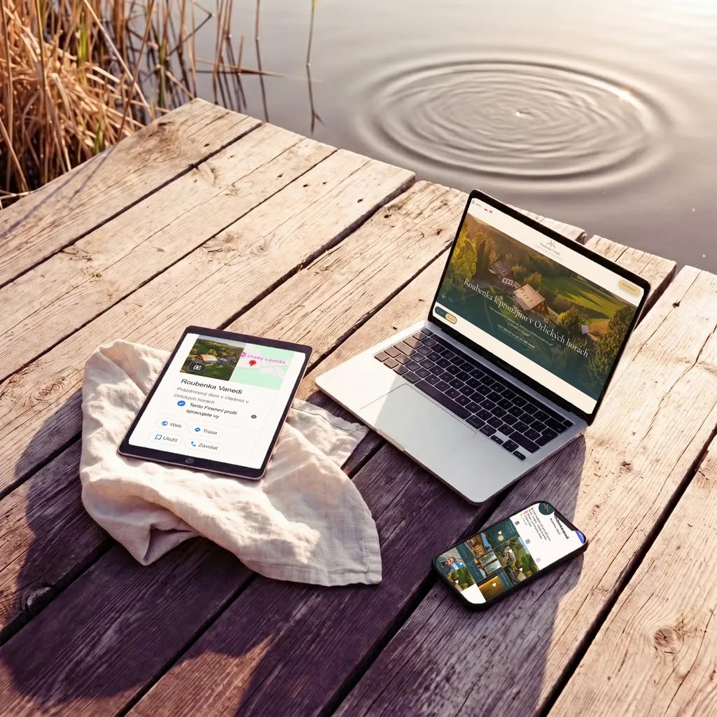 Na molu notebook s webem Roubenky Vanedi, tablet s jejím profilem na Googlu a telefon s jejím Instagramem