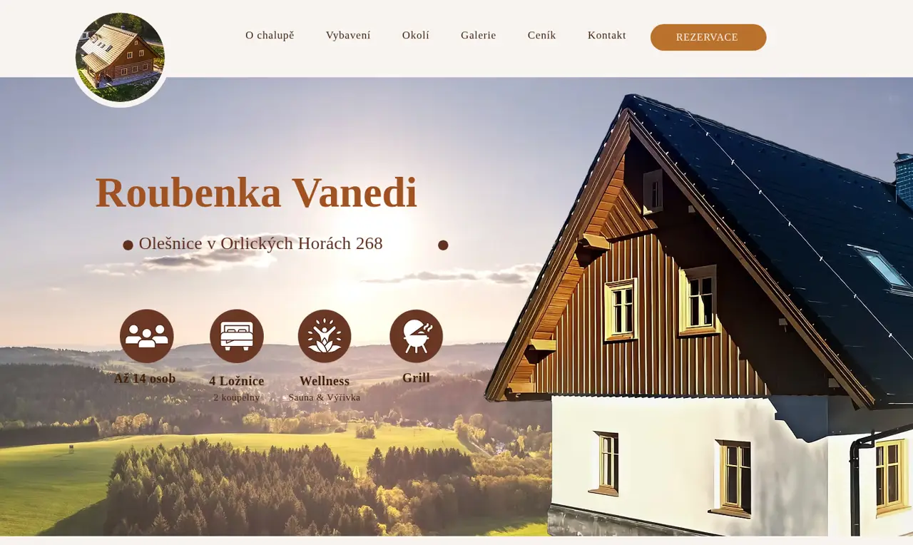 Původní jednostránkový web Roubenky Vanedi, uložený 4. 8. 2026