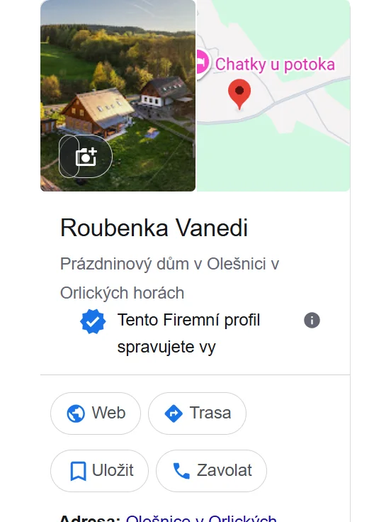 Firemní profil Roubenky Vanedi na Googlu: fotka roubenky, mapa, tlačítka Web, Trasa a Zavolat